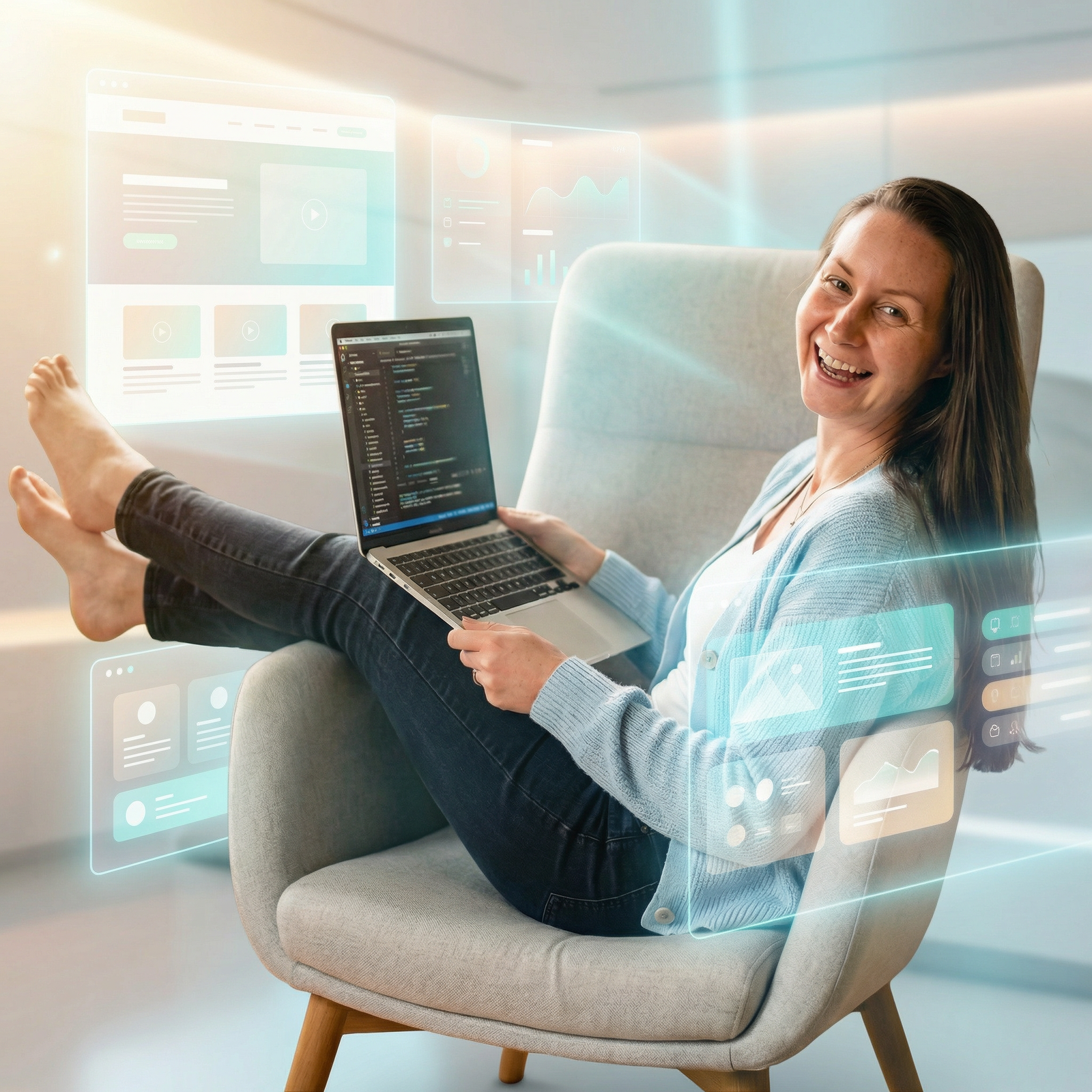 Unternehmerin arbeitet am Laptop mit digitalen Interface-Elementen – Symbol für strategische Website Betreuung und kontinuierliche Weiterentwicklung