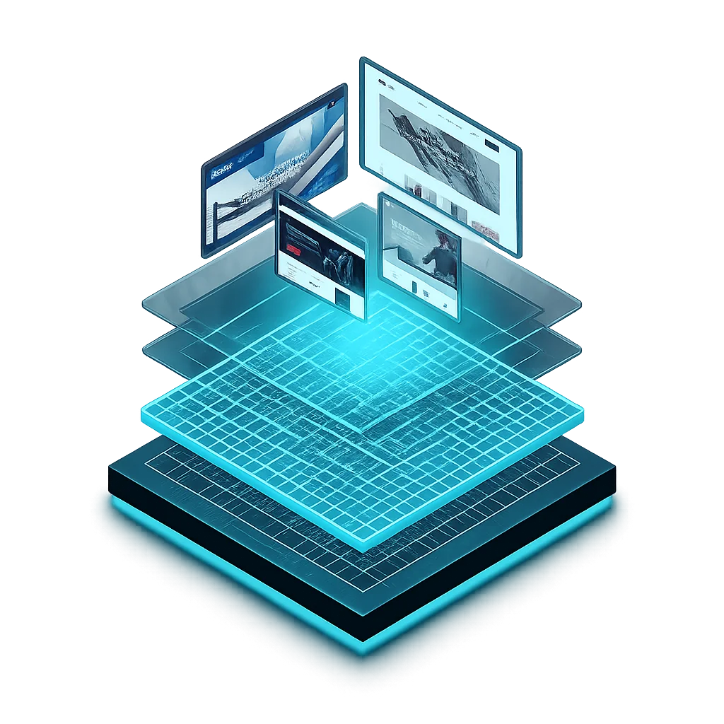 Strukturierte Website-Architektur mit mehreren Referenzprojekten im digitalen Layer-System