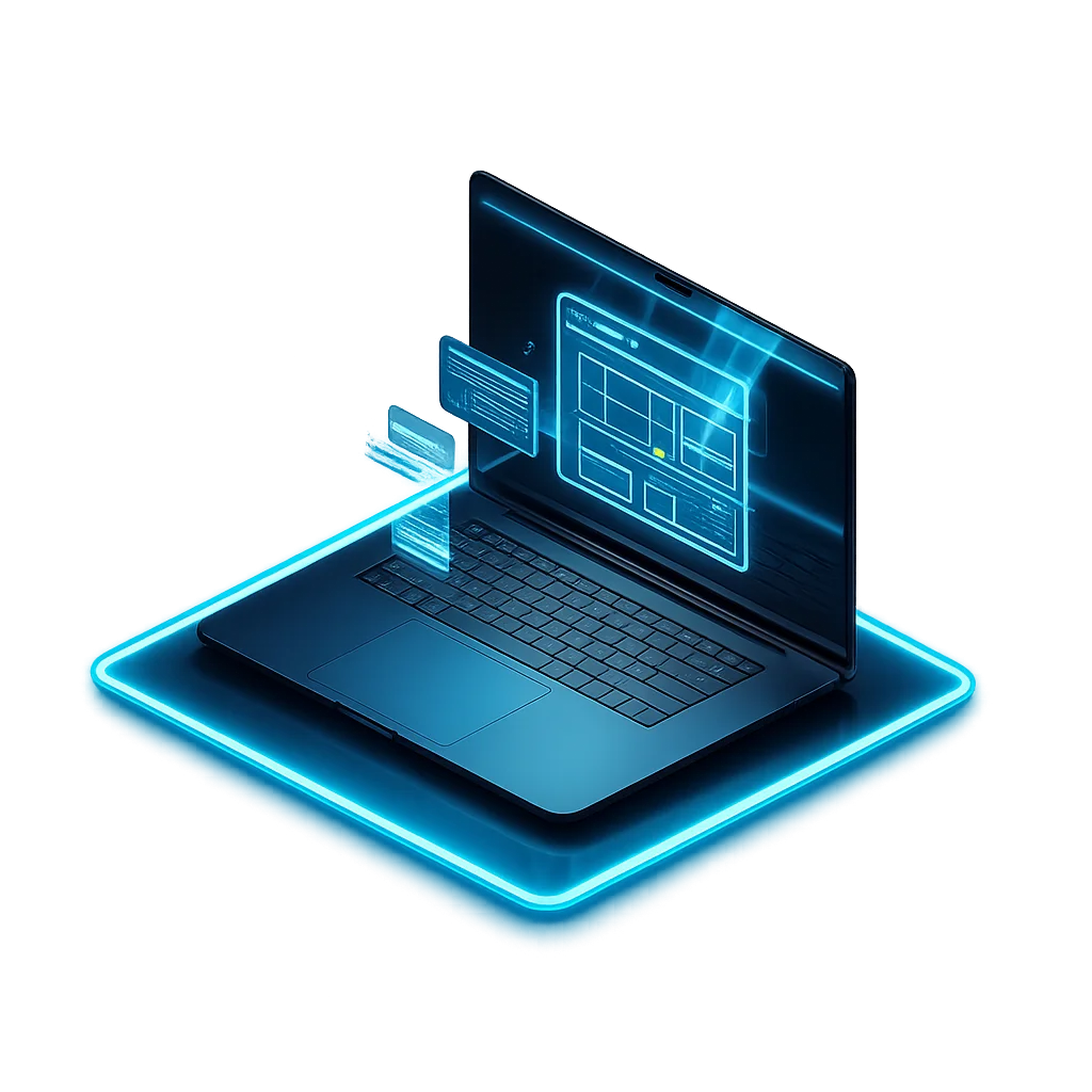 Digitale Website-Struktur auf futuristischem Laptop in dunklem, modernem Design