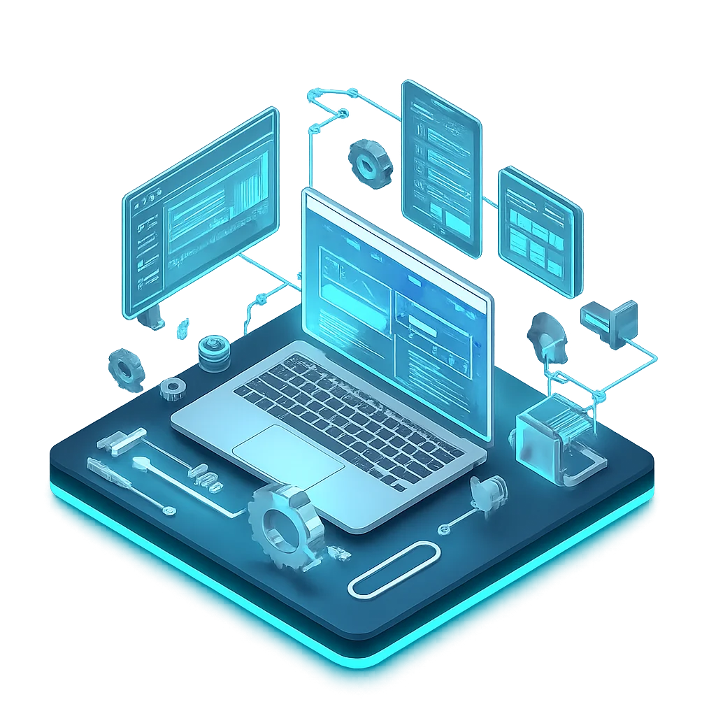 Futuristische Webentwicklungsumgebung mit Laptop, modularen Website-Elementen und digitaler Struktur