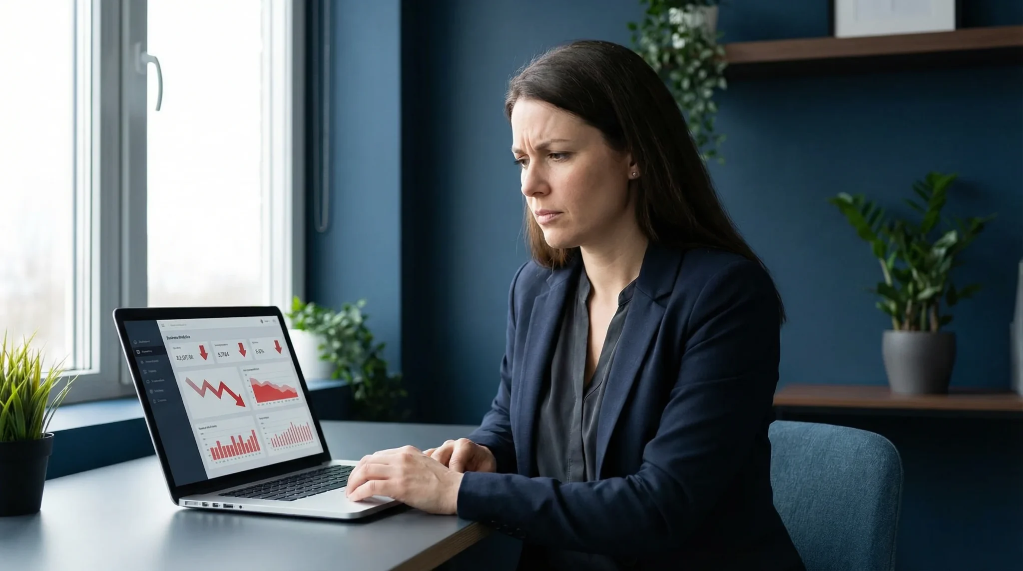 Frau sitzt nachdenklich vor Laptop mit sinkenden Website-Statistiken – keine Anfragen trotz professioneller Online-Präsenz